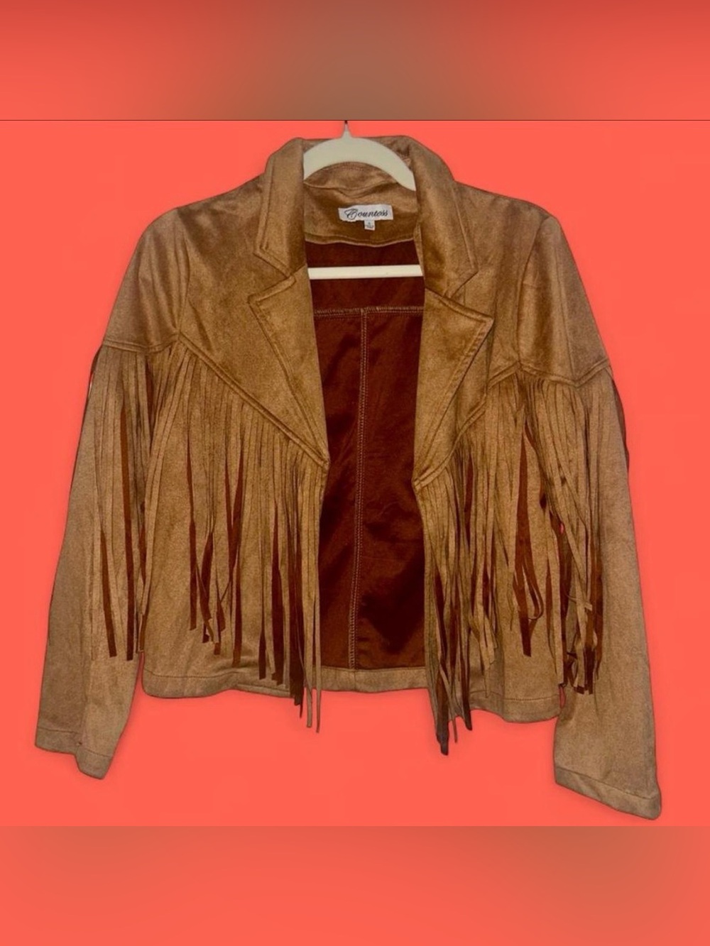 Cool Caramel-Colored Cowgirl Aesthetic Suede Fringe Jacket in Women’s Small